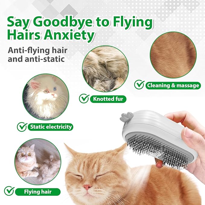 Cat Steam Brush with Release Button, 3 in 1 Rechargeable Pet Spray Water Comb for Long &amp; Short Hair Removal, Self Cleaning Slicker Vapor Brush for Indoor Cats Dogs Rabbits Shedding Grooming