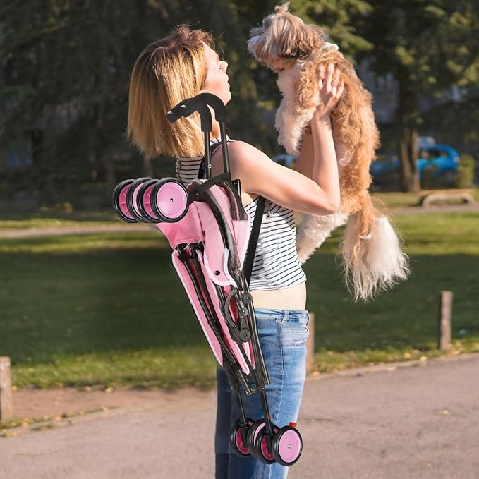 Umbrella Dog Stroller, 4 Wheels Pet Strolling, Foldable Carrier Pet Stroller for Small Dogs Cats, with Carrying Strap and Cup Holder, Dog Poop Bags &amp; Dispenser, Up to 33 lbs, Pink