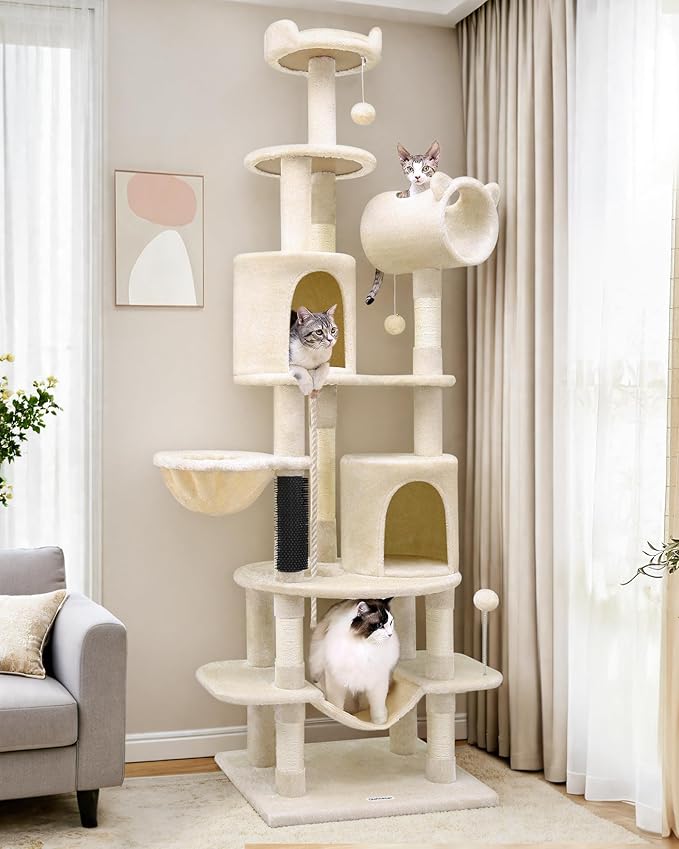 Globlazer Artistic Curved Cat Tower for Small Cats (Under 12 lbs), 81-inch Slim Design Cat Tree with Space-Saving Design, Indoor Cat Condo with Hammock &amp; Tunnel, C81, Beige, Non-Large Cats