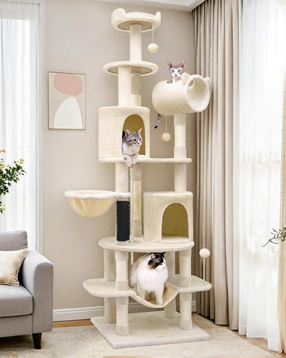 Globlazer Artistic Curved Cat Tower for Small Cats (Under 12 lbs), 81-inch Slim Design Cat Tree with Space-Saving Design, Indoor Cat Condo with Hammock &amp; Tunnel, C81, Beige, Non-Large Cats