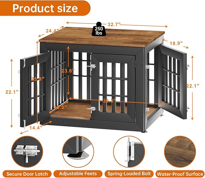 32" Heavy Duty Dog Crate Furniture for Small,Medium and Large Dogs,Rustic Wooden Dog Cage Kennel Indoor Furniture with Waterproof Top,Decorative Pet House Side End Table (Black &amp; Wood)