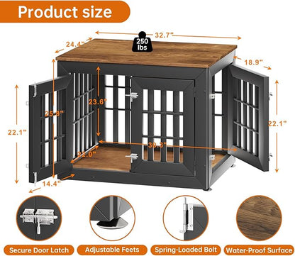 32" Heavy Duty Dog Crate Furniture for Small,Medium and Large Dogs,Rustic Wooden Dog Cage Kennel Indoor Furniture with Waterproof Top,Decorative Pet House Side End Table (Black &amp; Wood)