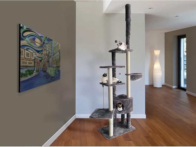 Furhaven 100"-113" Tall Cat Tree for Indoor Cats w/ Adjustable Height, Ft. Sisal Scratching Posts, Condo, &amp; Toys - Tiger Tough Skyscraper Interactive Playground Tower - Gray, One Size
