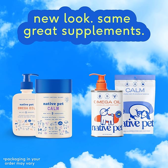 Native Pet Omega Oil for Dogs - Dog Fish Oil Supplements &amp; Calming Chews | Dogs Anxiety Relief Treats &amp; Dog Relaxants | 8 Oz. &amp; 60 Chews