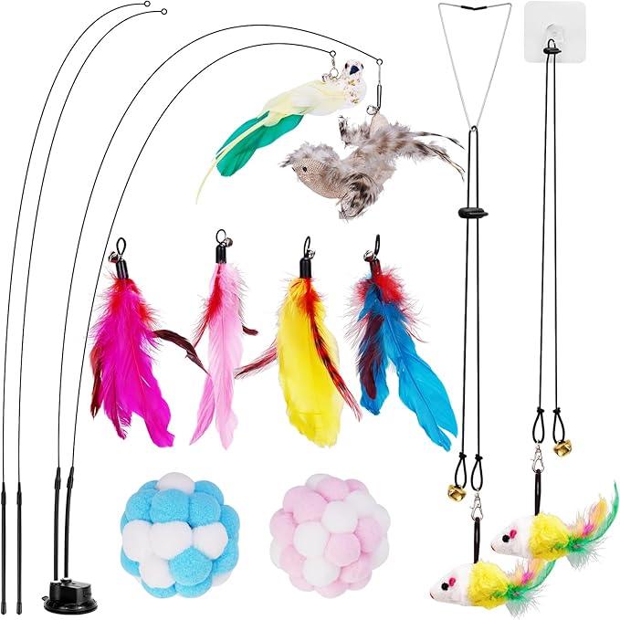 ZooZoo 14PCS Interactive Cat Feather Toy Set for Indoor Cats, Active Play Kit with Door Hanging Toy, Double-Sided Suction Cat Wand with Feathers, Mice &amp; Fur Balls, Encourages Hunting, Jumping, Chasing
