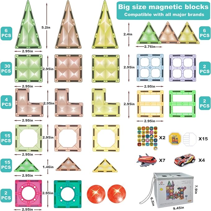 Magnetic Tiles Diamond Series with Lights 4 Pull-Back Metal Cars&amp;7 Airplanes Magnet Tiles Building Block Toy for Kids Educational Construction STEM Toy, Great Gift for Kids Aged 3-8