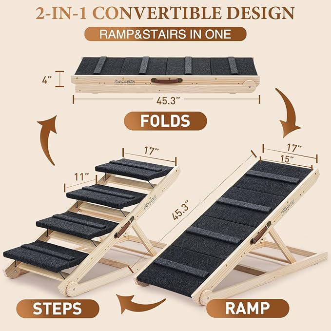 2025 Upgraded Dog Steps for Bed &amp; Couch - 2-in-1 Dog Stairs/Ramp for Small to Large Breeds - 45.3" Long Adjustable 14"-26" Up to 200LBS - Folding Portable Wooden Pet Stairs for high Bed Couch Car