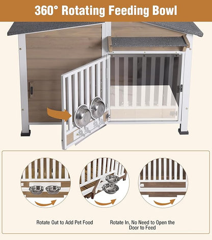 GUTINNEEN Dog House Outdoor with Anti-Chewing Metal Frame, Wooden Dog Kennel with 360° Rotating Feeding Bowl, Weatherproof Roof, for Indoor &amp; Outdoor Use - Brown