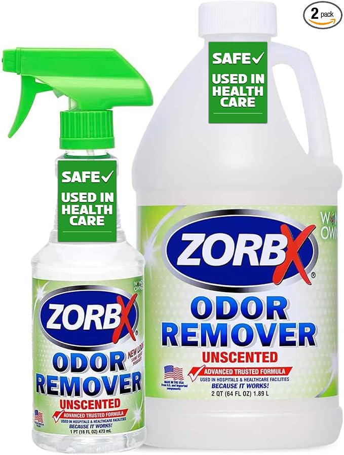 ZORBX Unscented Odor Eliminator for Strong Odor 16 Oz + 64 Oz - Used in Hospitals &amp; Healthcare Facilities - Advanced Trusted Formula, Fast-Acting Odor Remover Spray for Dog, Cat, House &amp; Carpet