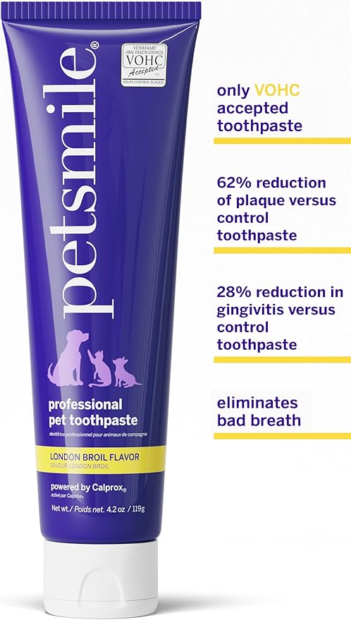 Petsmile Professional Pet Teeth Brushing Kit for Cats &amp; Dogs- Only VOHC Accepted Toothpaste &amp; Patented Toothbrush - Proven to Control Plaque &amp; Tartar Calprox Formula (London Broil, 4.2 Oz)