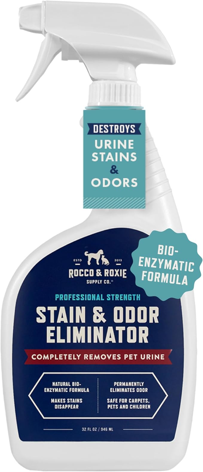 Rocco &amp; Roxie Stain &amp; Odor Eliminator for Strong Odor, 32oz Enzyme Pet Odor Eliminator for Home, Carpet Stain Remover for Cats &amp; Dog Pee, Enzymatic Cat Urine Destroyer, Carpet Cleaner Spray