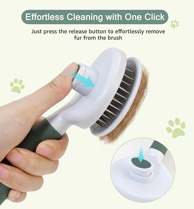 Pet Self-Cleaning Slicker Brush for Dogs &amp; Cats, Deshedding Grooming Comb, Removes Loose Undercoat Hair &amp; Mats, Skin-Friendly Massaging Tool for Long/Short Fur, Large &amp; Small Breeds (Green)