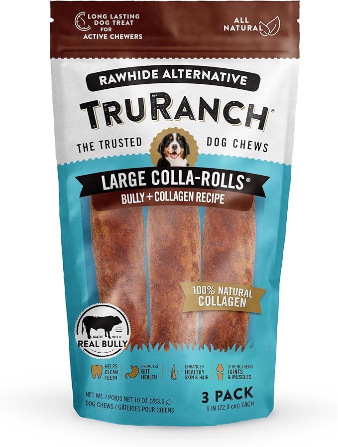 Collagen Rolls - 9" Collagen Rolls for Dogs - Long Lasting Healthy Joint Support Dog Treat - Rawhide Alternative - Skin &amp; Coat Health - Made with Real Bully, 1 Bag, 3 Count