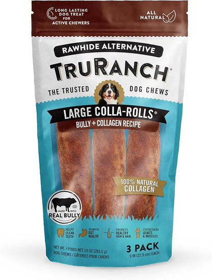 Collagen Rolls - 9" Collagen Rolls for Dogs - Long Lasting Healthy Joint Support Dog Treat - Rawhide Alternative - Skin &amp; Coat Health - Made with Real Bully, 1 Bag, 3 Count