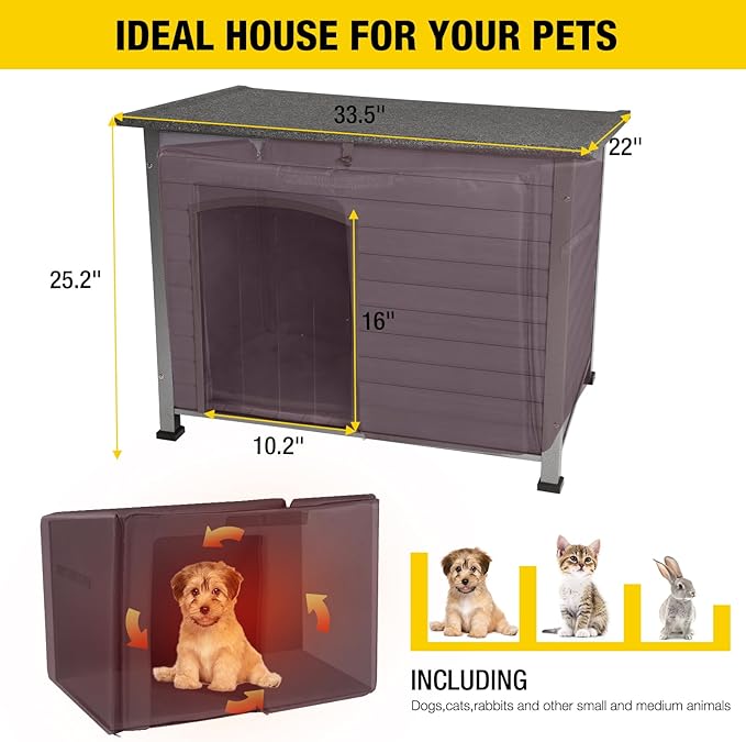 Aivituvin Dog House with Insulated Liner, Outdoor Indoor Weatherproof Dog House for Winter, Suitable for Small &amp; Medium &amp; Large Dogs with Unique All-Around Iron Frame(Grey)