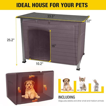 Aivituvin Dog House with Insulated Liner, Outdoor Indoor Weatherproof Dog House for Winter, Suitable for Small &amp; Medium &amp; Large Dogs with Unique All-Around Iron Frame(Grey)