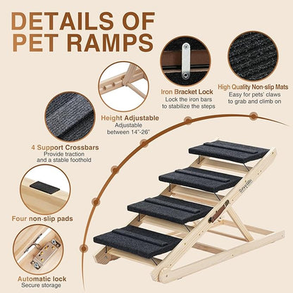 2025 Upgraded Dog Steps for Bed &amp; Couch - 2-in-1 Dog Stairs/Ramp for Small to Large Breeds - 45.3" Long Adjustable 14"-26" Up to 200LBS - Folding Portable Wooden Pet Stairs for high Bed Couch Car