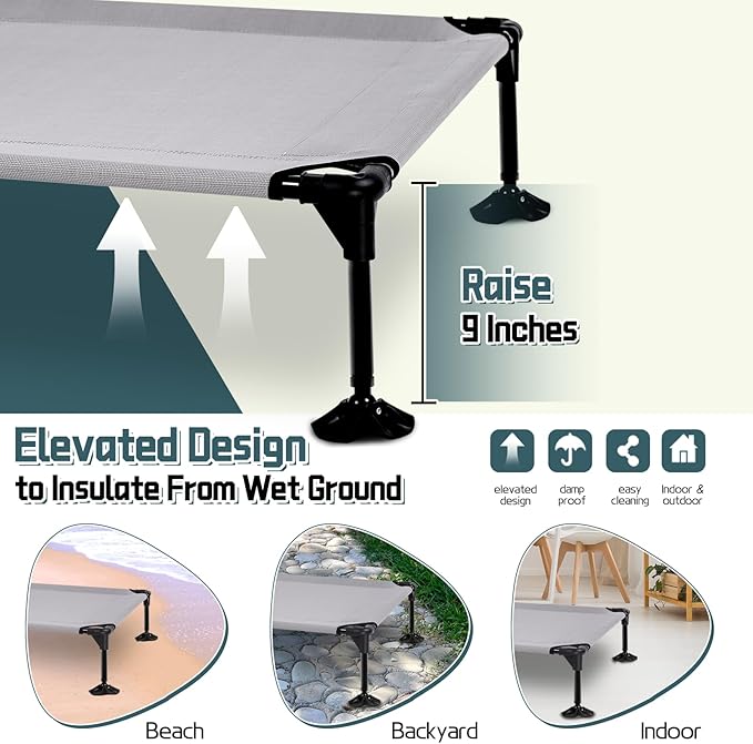 Elevated Outdoor Dog Bed with Canopy &amp; Adjustable Feet - Larger Shade for Camping, Backyard &amp; Patio