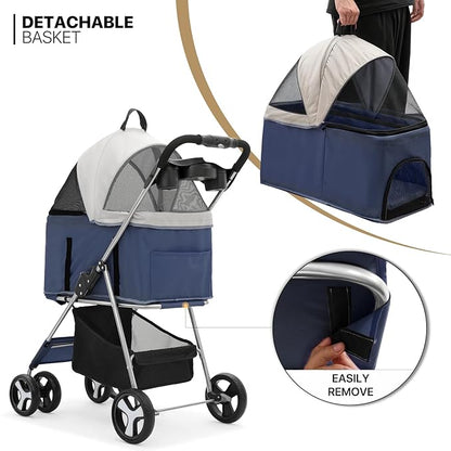 MoNiBloom 3 in 1 Foldable Pet Stroller for Small &amp; Medium Dogs, Detachable Carrier, Car Seat, Push Button Entry, 4-Wheel Jogger for Pets up to 33 lbs, Navy Blue