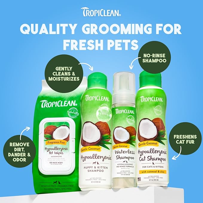 TropiClean Hypoallergenic Waterless Dog Shampoo | Dry Shampoo for Allergies &amp; Sensitive Skin | Safe for Cats | Puppies &amp; Kittens | No Rinse | 7.4oz