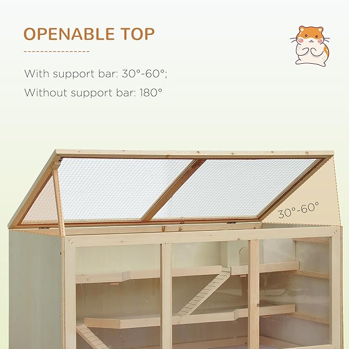 PawHut 45" Extra Large Wooden Hamster Cage, 3-Layer Chewproof Rat Cage with Opening Roof, Hut, Ramps, for Gerbil, Dwarf &amp; Syrian Hamsters, Natural