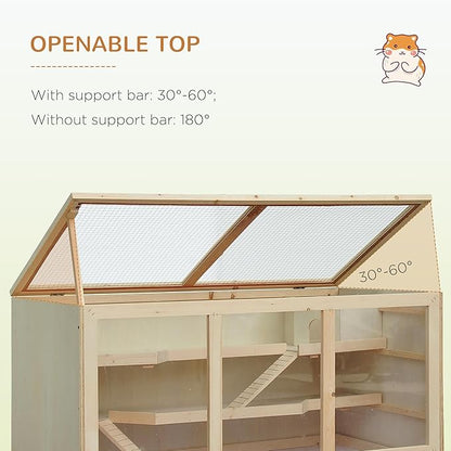 PawHut 45" Extra Large Wooden Hamster Cage, 3-Layer Chewproof Rat Cage with Opening Roof, Hut, Ramps, for Gerbil, Dwarf &amp; Syrian Hamsters, Natural