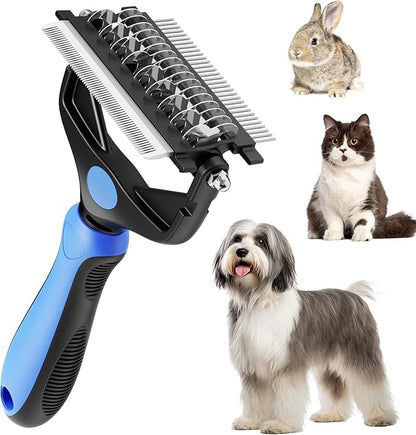 3-in-1 Pet Deshedding Tool – Grooming Brush for Dogs &amp; Cats with Undercoat Rake &amp; Dematting Comb (Blue)