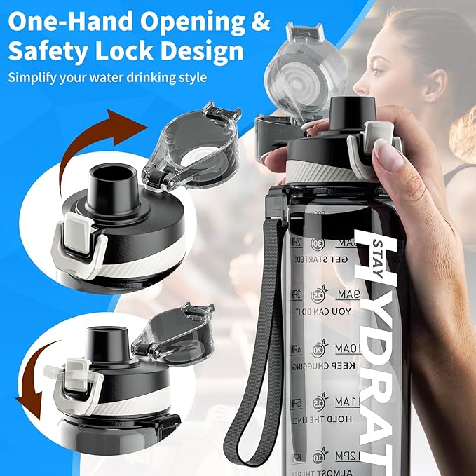 Water Bottle, 32 oz Motivational Water Bottles with Time Marker-Tritan &amp; BPA Free, Sports Water Bottle with Time to Drink &amp; Strap, Wide Mouth, Leakproof -Gift for Christmas Gym Fitness &amp; Outdoor