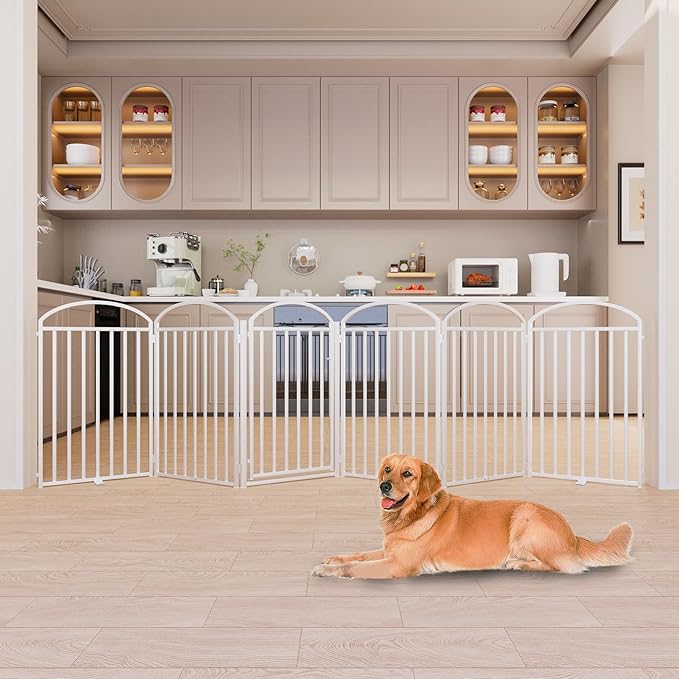 6 Panles Full Matel Freestanding Dog Gates with Door, 144"Extra Wide 36"Tall Free Standing Dog Pet Gate for Indoor &amp; Outdoor. Foldable Pet Fences for Doorways, House, Stairs, Porch, Deck, Yard
