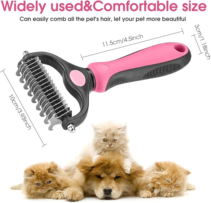 Pet Grooming Tool - 2 Sided Undercoat Rake for Cats and Dogs - Safe Dematting Comb for Easy Mats &amp; Tangles Removing - No More Nasty Shedding and Flying Hair