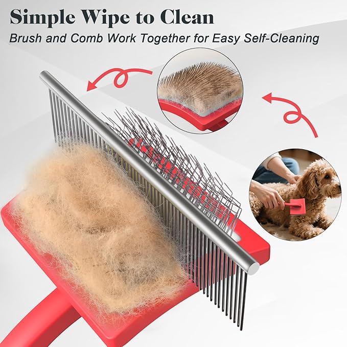 2PCS Slicker Brush for Dogs &amp; Pet Comb,Professional Dog Grooming Brush (Goldendoodles,Poodles,Labradoodles) with Extra Long Pins to Effectively Remove Tangles, Knots and Mats (Red)