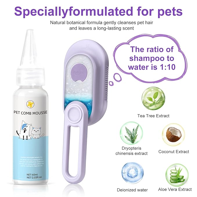 Steam Brush for Cat &amp; Dog – 3-in-1 Spritz Pet Spray Hair Removal Comb for Grooming &amp; Shedding Steam – Water Brush for Long &amp; Short Haired Pets– Includes Two Bottles Waterless Shampoo