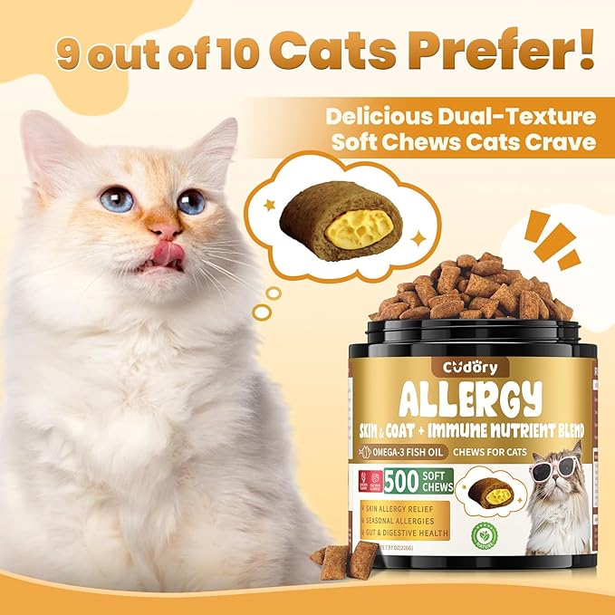 Cat Allergy Relief for Cats, Crunchy &amp; Creamy Chews for Immune &amp; Skin Coat Support – Seasonal Allergies, Itching Relief, Omega 3 &amp; Probiotic Natural Supplement for Cats, Chicken Flavor – 500 Chews