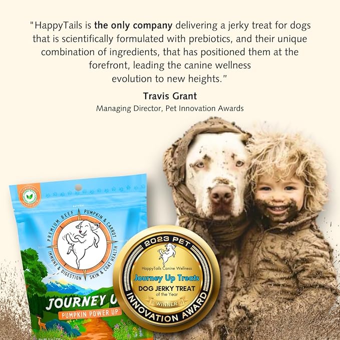 HappyTails Journey Up, Pumpkin Power Up Jerky Treats for Dogs with Beef, Pumpkin &amp; Carrots-Made in USA-Prebiotics for Gut &amp; Immune Health, Omega 3 &amp; 6 for Skin &amp; Coat, Small-Large Dogs, 6 oz.