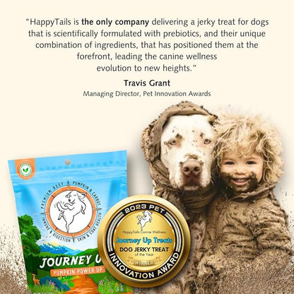 HappyTails Journey Up, Pumpkin Power Up Jerky Treats for Dogs with Beef, Pumpkin &amp; Carrots-Made in USA-Prebiotics for Gut &amp; Immune Health, Omega 3 &amp; 6 for Skin &amp; Coat, Small-Large Dogs, 6 oz.