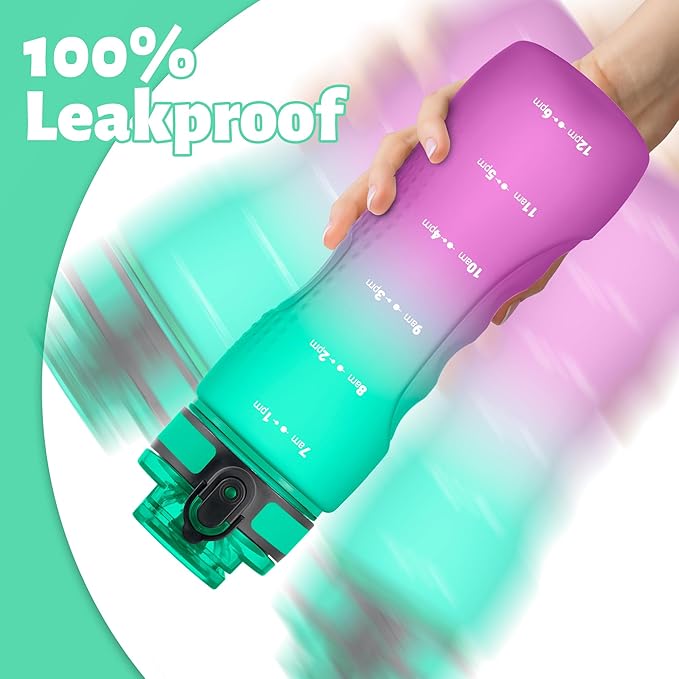 OLDLEY 25 oz Water Bottle, Motivational Water Bottle with Time Marker, Sports Water Bottle With Strap, Leakproof &amp; BPA Free Large Water Bottles for School, Gym, Travel, Outdoor, Tritan,Green&amp;Purple