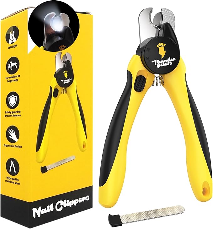 LED Dog Nail Clippers with Light, Trimmers with Protective Guard, Quick Sensor, Safety Lock and Nail File - Suitable for Large and Small Dogs &amp; Cats (Yellow, LED)