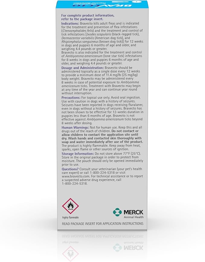 BRAVECTO Topical Solution for Dogs, Flea &amp; Tick, 12 Week Supply, >44-88 lbs., Blue Box
