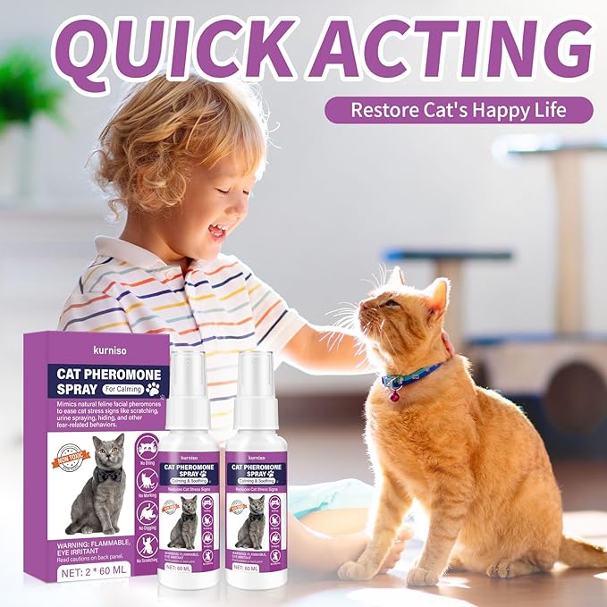Cat Calming Pheromone Spray, 2 Pack, Calming Spray for Cat Anxiety Relief, Reduce Stress, Hiding &amp; Scratching Furniture - During Travel, Fireworks, Thunder, 60 ML