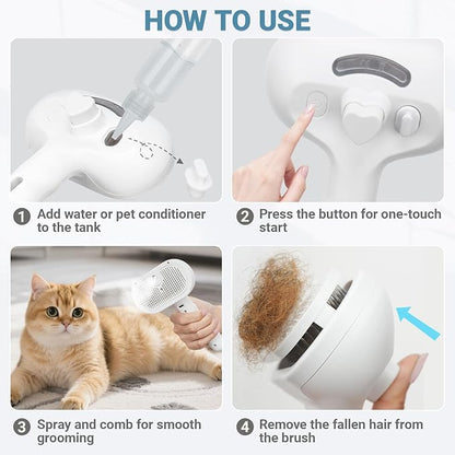 Pet Steam Brush for Dogs &amp; Cats with Pet Conditioner, 4 in 1 Spray Hair Removal Comb for Shedding &amp; Grooming, Self Cleaning Water Brush for Long &amp; Short Haired Pets