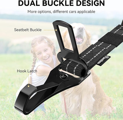 Pawaboo 2Pack Dog Seatbelt for Car, 3-in-1 Dog Car Seat Belt Bungee,Shockproof Dogs Tether for Car with Buckle &amp; Hook Latch, Adjustable Reflective Dog Car Harness Leash with 360° Lockable Buckle,Black