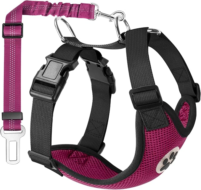 Lukovee Dog Seat Belt for Car, Adjustable Dog Car Harness for Large Medium Small Dogs, Soft Padded &amp; Breathable Mesh Dog Seatbelt with Car Vehicle Connector Strap (Rose Red,Medium)