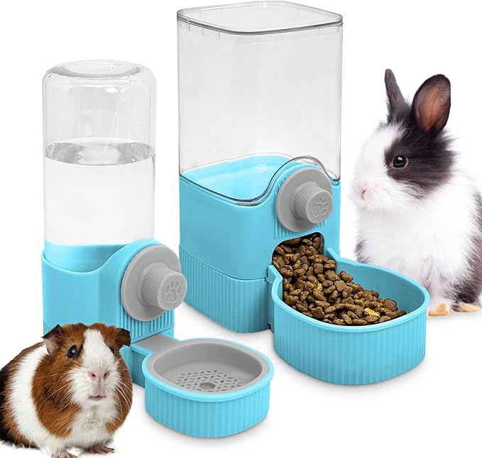 Fhiny Rabbit Food &amp; Water Dispenser, Large Capacity Gravity Guinea Pig Feeder and Waterer Set for Cage Hanging Automatic Bunny Feeder for Bunny Guinea Pig Chinchilla Ferret Cat Puppy