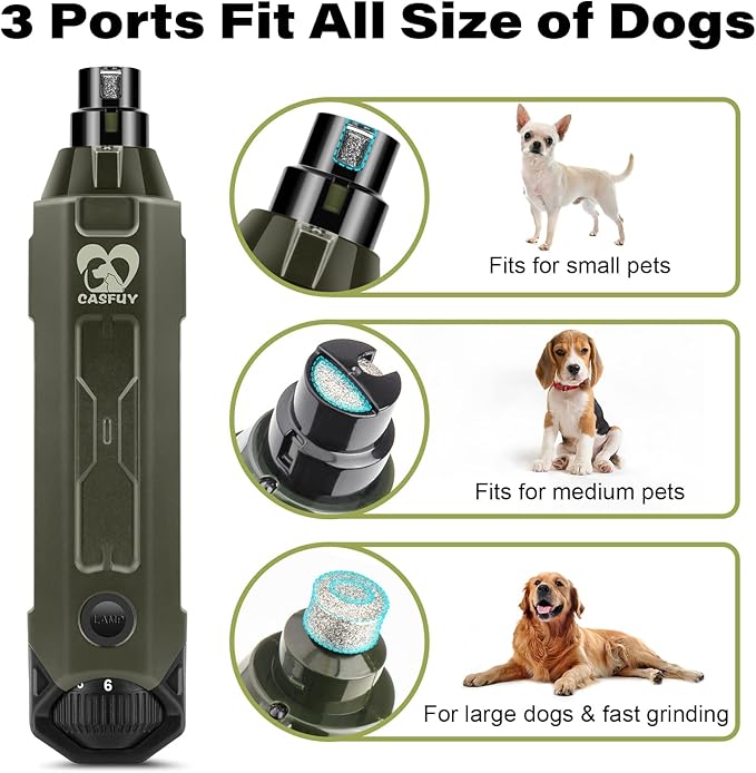 Casfuy 6-Speed Dog Nail Grinder - Newest Enhanced Pet Nail Grinder Super Quiet Rechargeable Electric Dog Nail Trimmer Painless Paws Grooming &amp; Smoothing Tool for Large Medium Small Dogs (Army Green)