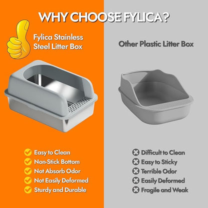 Stainless Steel Cat Litter Box with Lid, 20" L x 14.2" W x11.8 H, Large Cat Litter Box for Multiple Cats with High Sided, No-Leak &amp; Stick, Easy to Clean, Includes Litter Mat &amp; Multi Functional Scoop
