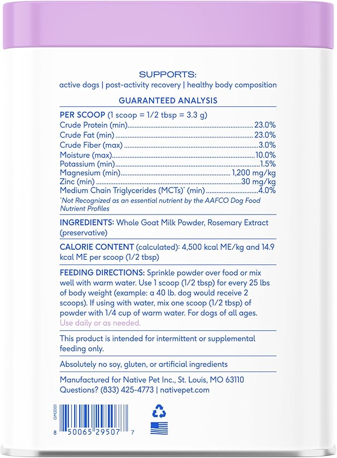 Native Pet Goat Milk for Dogs - Organic Goat Milk Powder for Dogs and Cats - Puppy Formula Dairy Replacement Packed with Protein &amp; Vitamins for Immunity, Recovery &amp; Growth for Active Pups - 120 Scoops