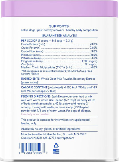Native Pet Goat Milk for Dogs - Organic Goat Milk Powder for Dogs and Cats - Puppy Formula Dairy Replacement Packed with Protein &amp; Vitamins for Immunity, Recovery &amp; Growth for Active Pups - 120 Scoops