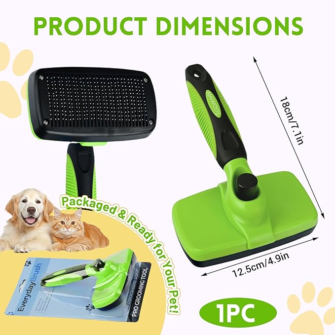 Large Self Cleaning Deshedding Brush for Dogs &amp; Cats - One Button Hair Release Grooming Tool, Gentle Massage Brush for Long and Short Hair (Green)