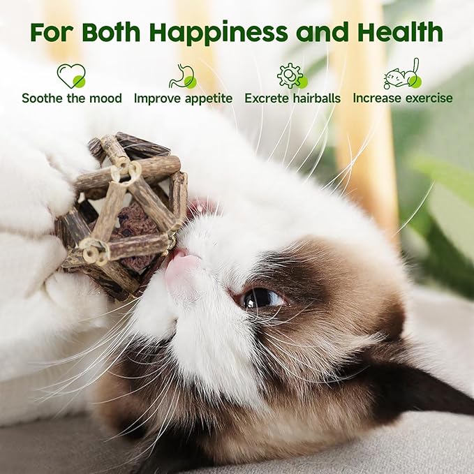 Potaroma Catnip Toys, 3Pcs Cat Toys Natural Silvervine Stick Cage Balls &amp; Bell Ball for Indoor Cats, Kitten Cleaning Teeth Molar Matatabi Cat Chew Toy All Breeds