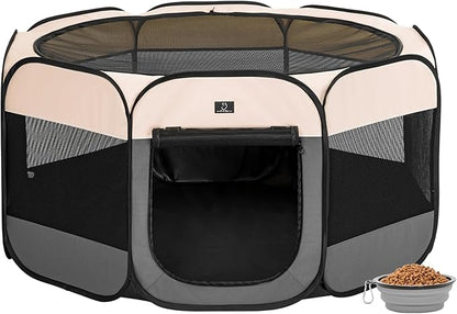 A4Pet Dog Playpen Indoor, 49” Portable Playpen with Bowl, Suitable for Puppies, Kittens, and Small Animals, Removable Zipper &amp; Mesh Panel(16”W × 10”H)